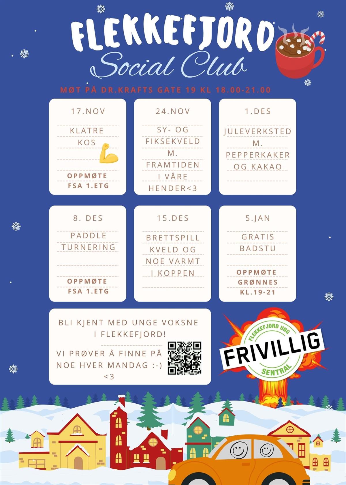 Illustrert plakat med planlagte aktiviteter i november og desember i Fekkefjord Social Club - Klikk for stort bilde