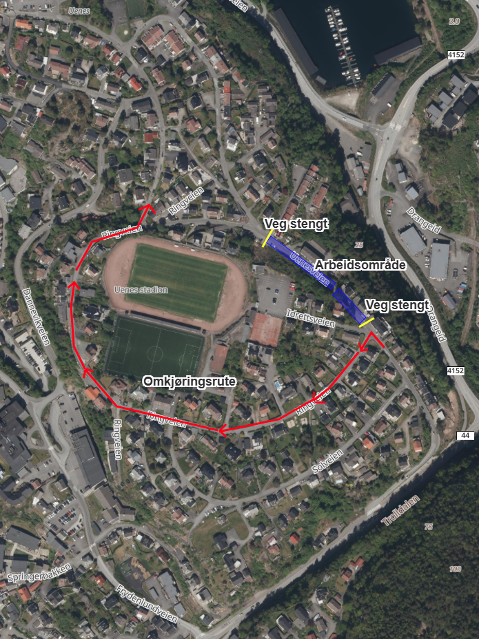 Kart over stengt vei på Uenes - Klikk for stort bilde