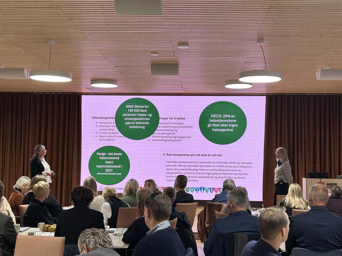 Foto tatt fra publikums perspektiv på Partnerskapsmøtet innen helse. - Klikk for stort bilde