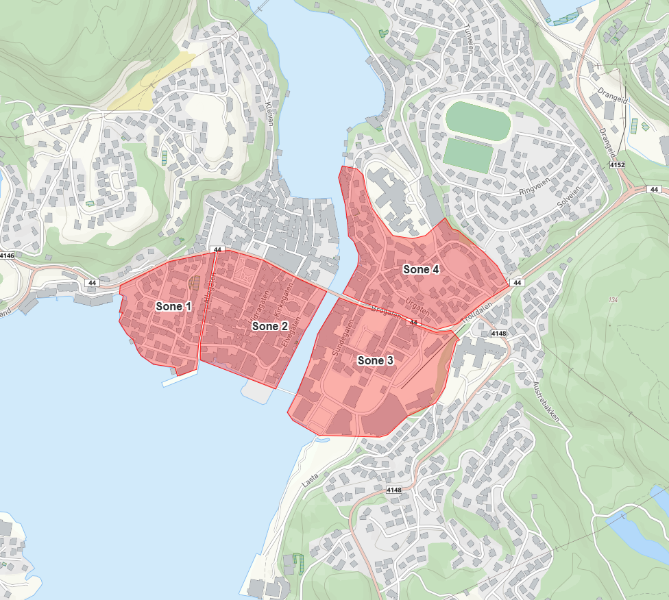 Kart over sonene som er aktuelle for møteplasser i bykjernen - Klikk for stort bilde