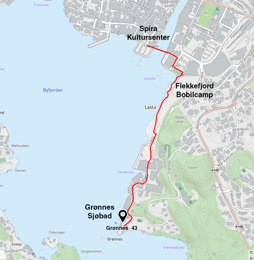 Kart med inntegnet veibeskrivelse fra Spira kultursenter til Grønnes Sjøbad - Klikk for stort bilde