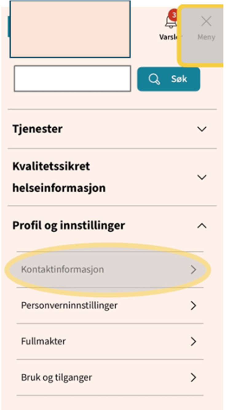 For å finne varslingsinnstillinger i helsenorge trykk på meny og deretter profil og innstillinger og deretter kontaktinformasjon - Klikk for stort bilde