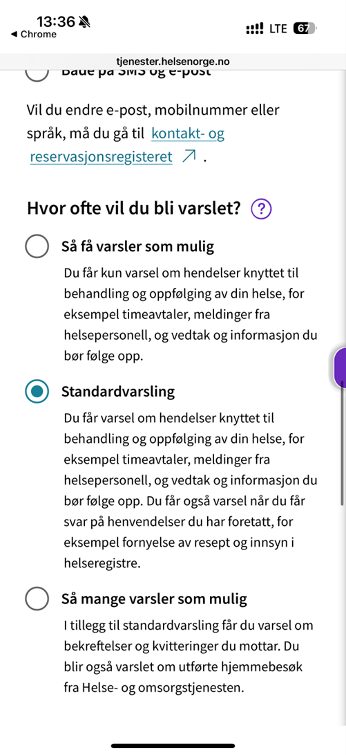 Varslingsinnstillinger i helse norge - Klikk for stort bilde